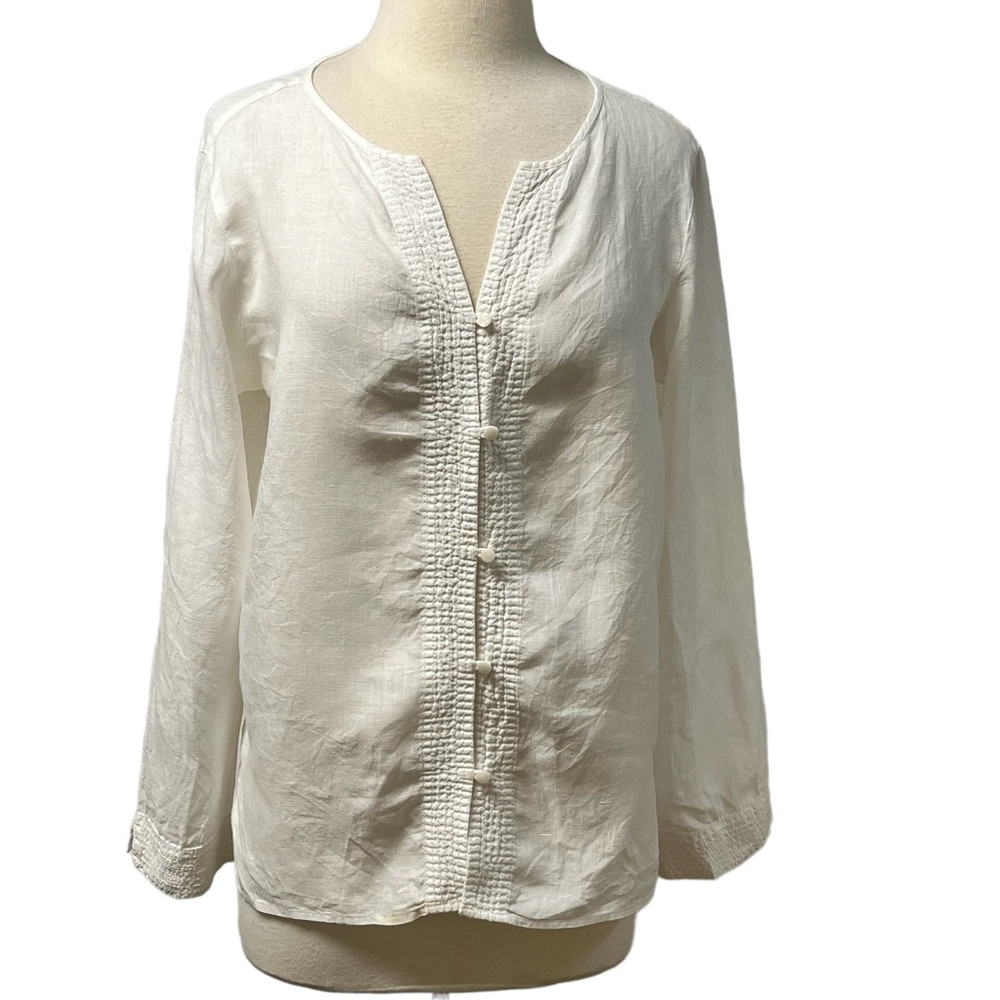 Liz Claiborne Lizwear White Linen Tunic with white stitching on front and cuff